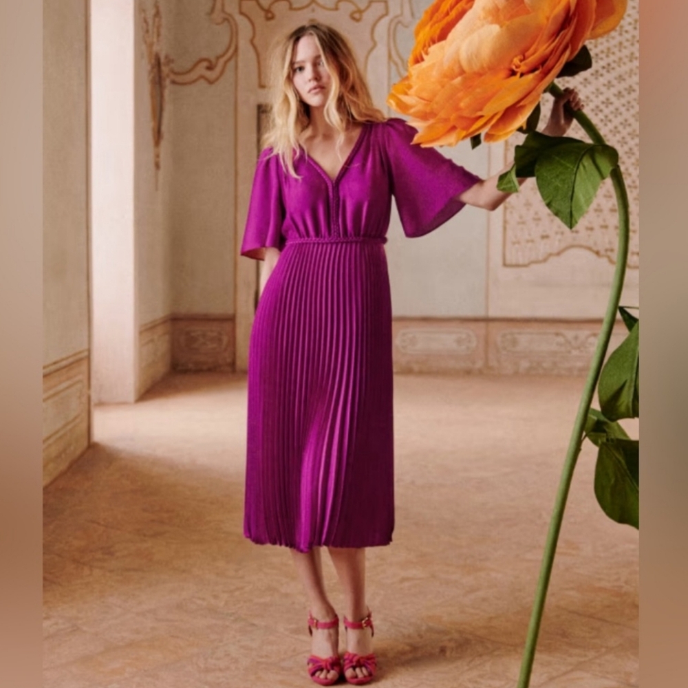 Sézane Florencia Midi Dress In Fuchsia Flutter Sleeves NWT